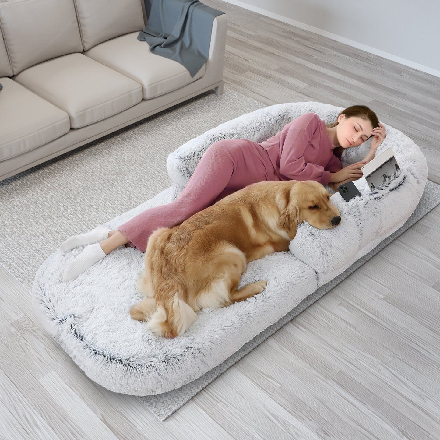 1Pc Large Foldable Human Size Dog Bed With Pillow Blanket Flurry Plush Napping Human-Sized Dog Bed Machine Washable Zipped Removable Cover For Pets Kids Adults Grey 71x45x10in